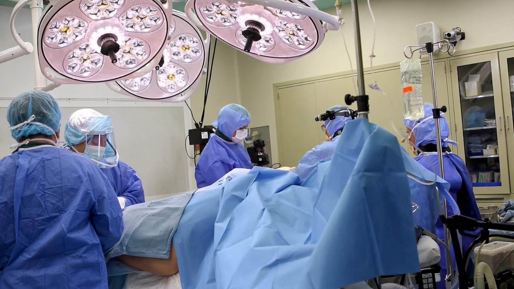 Bloc opératoire d'orthopédie : lampes scialytiques, équipe en champs bleus