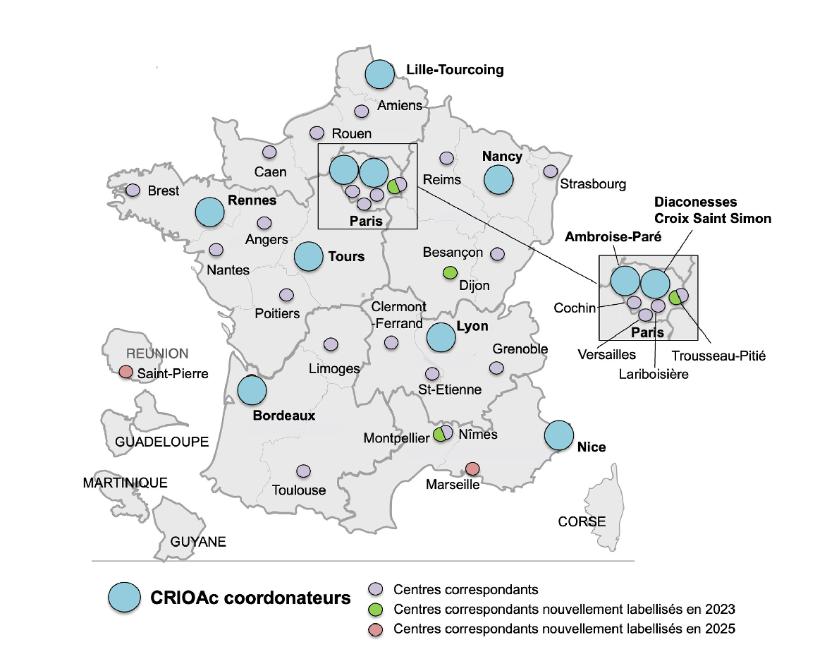 Carte des CRIOAc en France. Centres coordonnateurs, centres correspondants, et centres correspondants labellisés en 2023 et en 2025. Lille-Tourcoing, Amiens, Caen et Rouen figurent sur la carte.